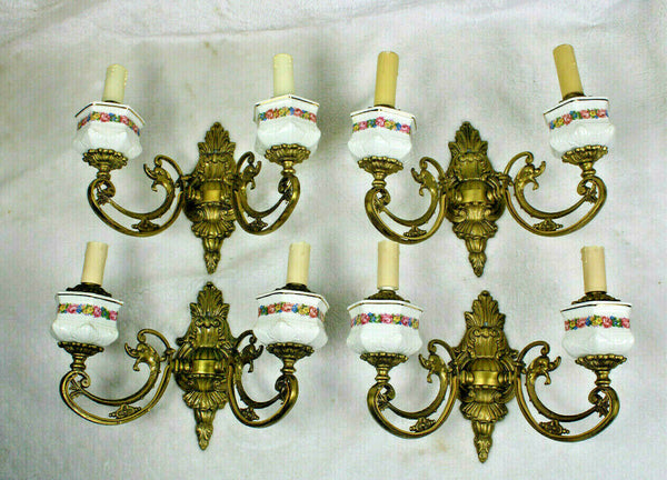 Set 4 French bronze swan animal figurine faience floral decor Wall lights sconce