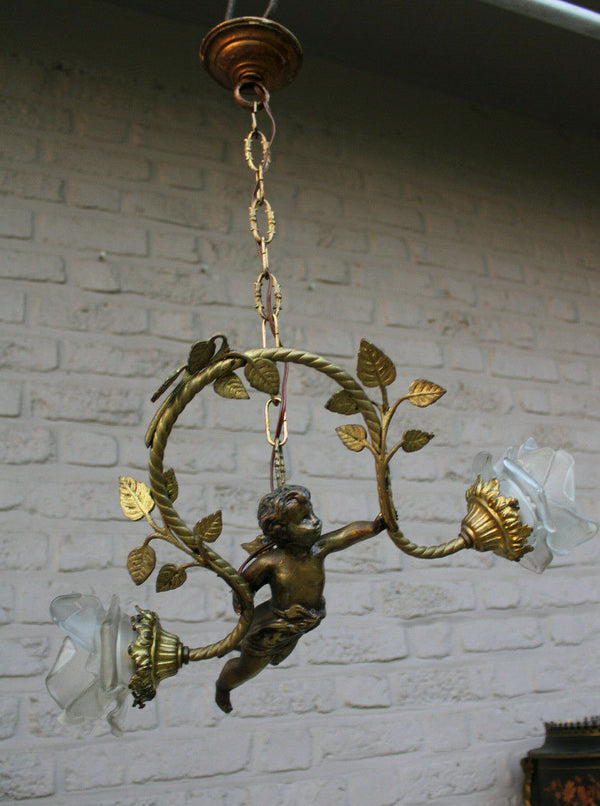 Antique French bronze putti angel lamp chandelier pendant light glass shades