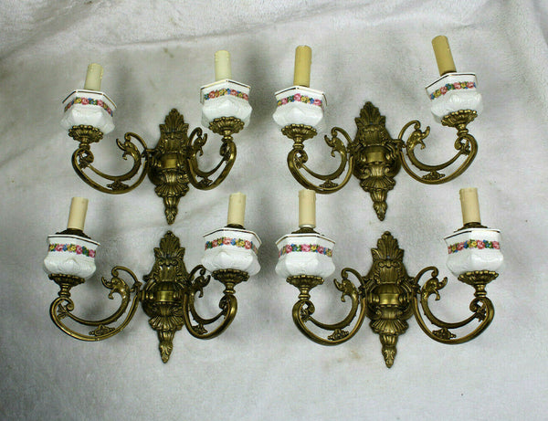 Set 4 French bronze swan animal figurine faience floral decor Wall lights sconce