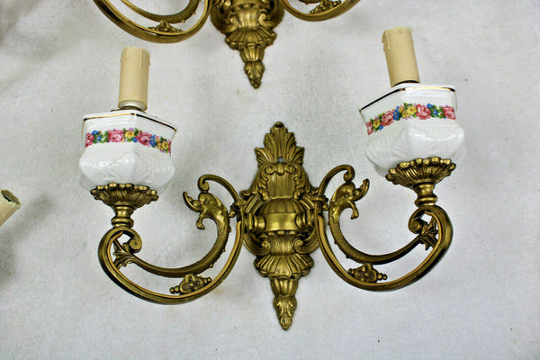 Set 4 French bronze swan animal figurine faience floral decor Wall lights sconce