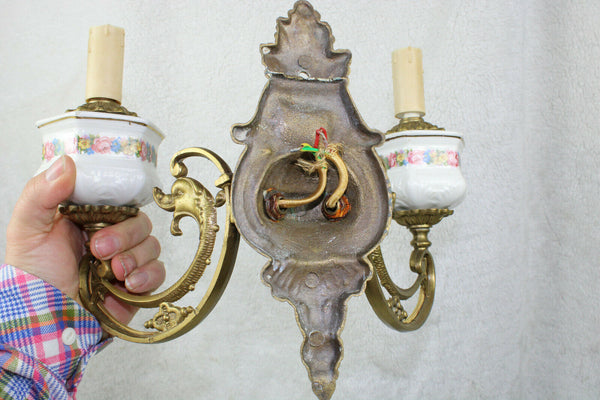 Set 4 French bronze swan animal figurine faience floral decor Wall lights sconce