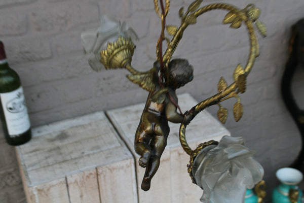 Antique French bronze putti angel lamp chandelier pendant light glass shades