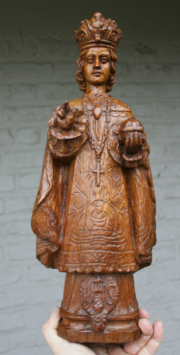 RAre antique religious detailed wood carved Statue Jesus of prague figurine