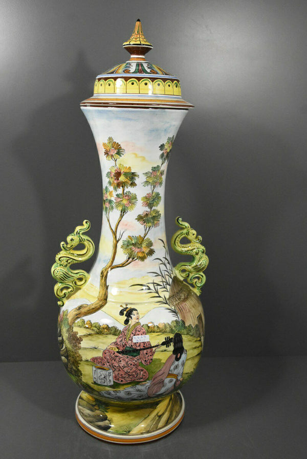 Huge 26.7" Japanese geisha landscape dragon figurine porcelain vase marked