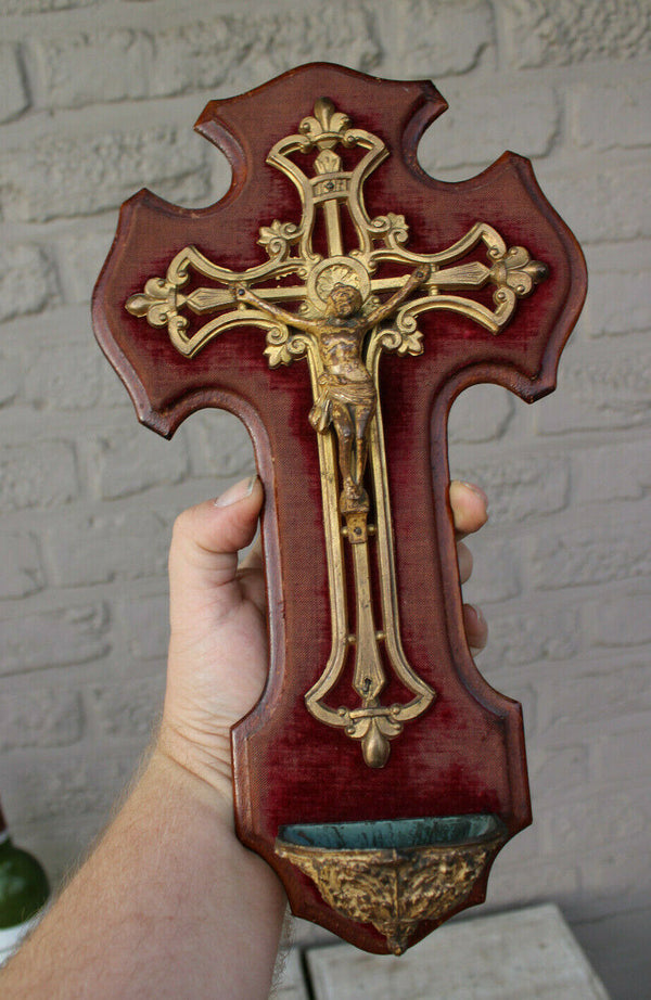 Antique french holy water font crucifix velvet religious