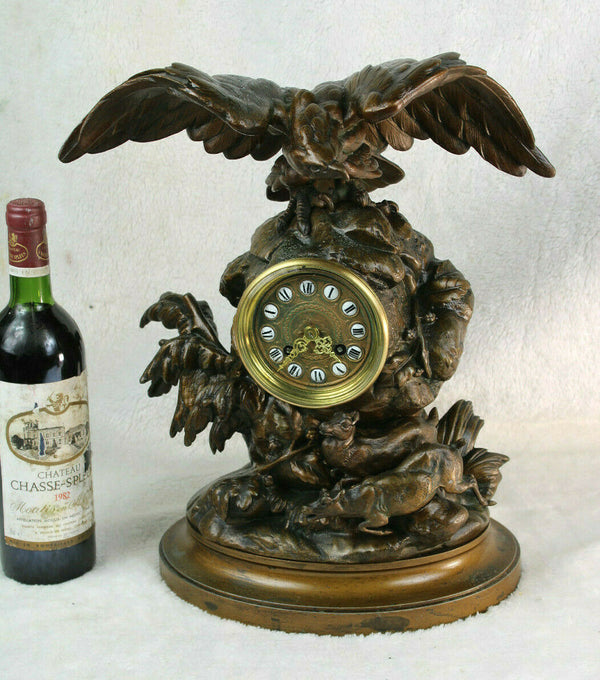 Antique 19thc Black forest Zamac Bronze patina Clock eagle deer hunt rare