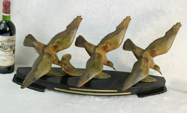 XL Gorgeous art deco 1930 bronze Zamac patina marble base 3 birds statue