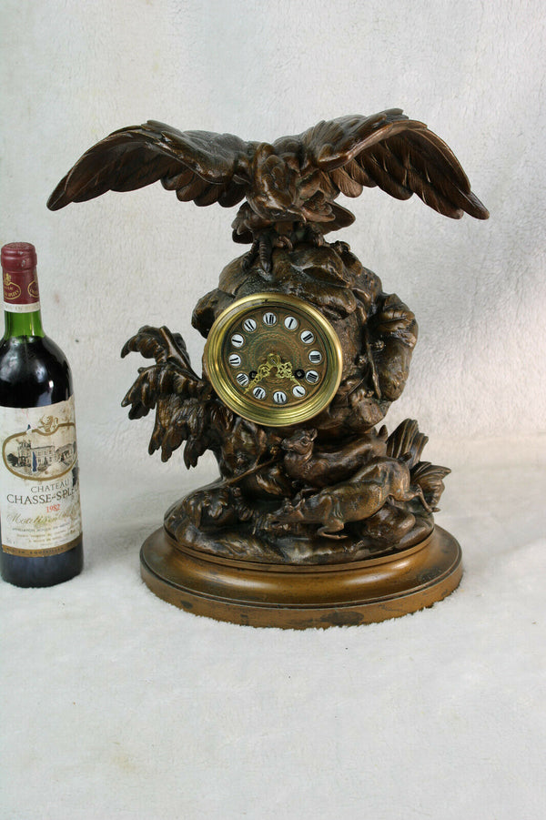 Antique 19thc Black forest Zamac Bronze patina Clock eagle deer hunt rare