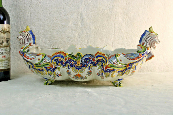 L Antique French Ceramic DESVRES Marked Dragon gothic planter jardiniere vase