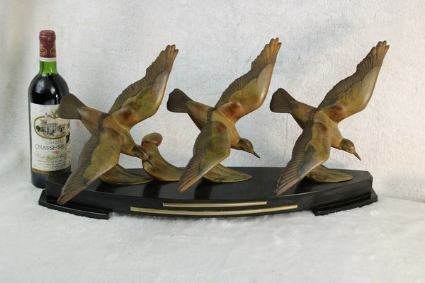 XL Gorgeous art deco 1930 bronze Zamac patina marble base 3 birds statue