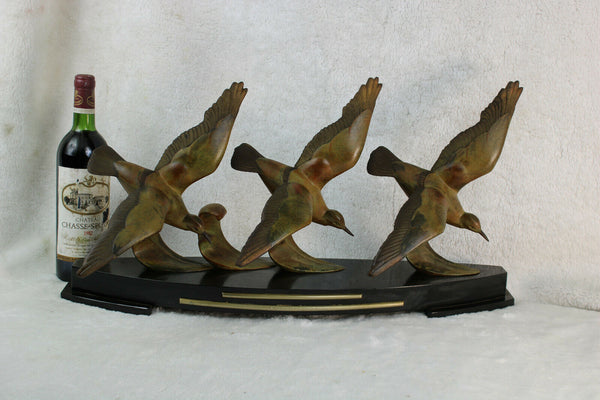 XL Gorgeous art deco 1930 bronze Zamac patina marble base 3 birds statue