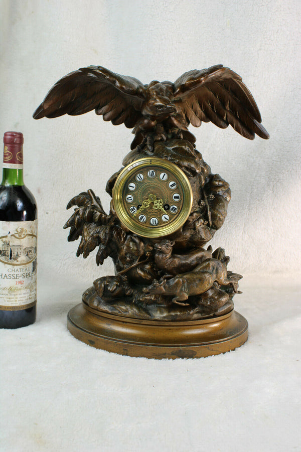 Antique 19thc Black forest Zamac Bronze patina Clock eagle deer hunt rare