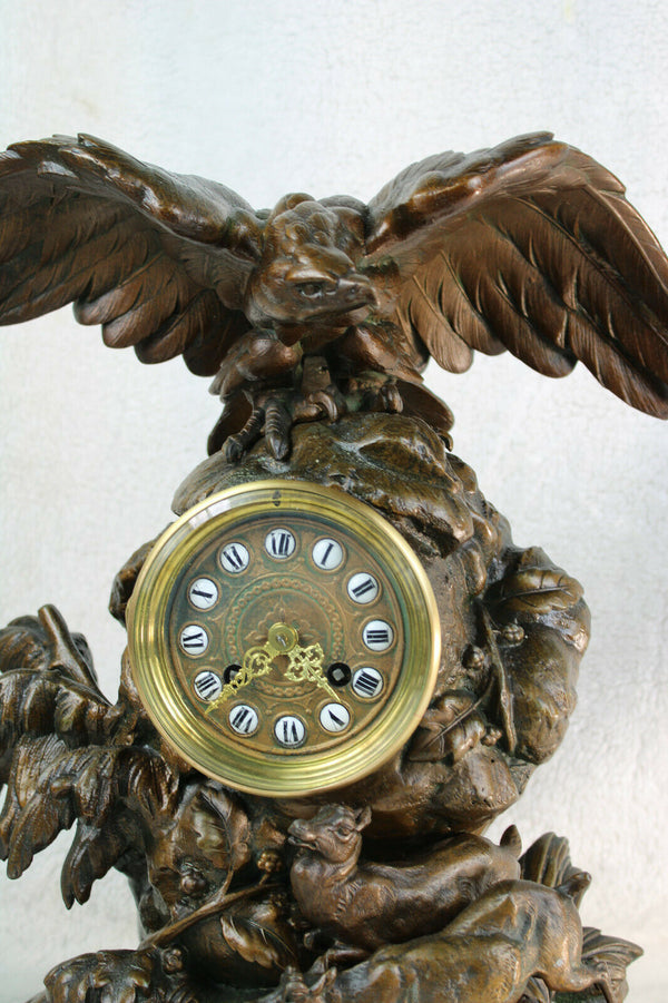 Antique 19thc Black forest Zamac Bronze patina Clock eagle deer hunt rare