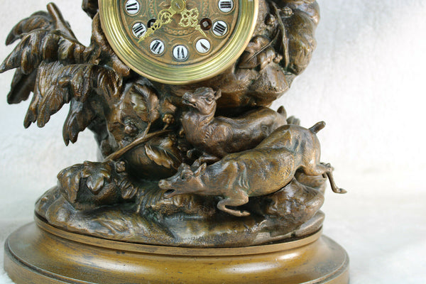 Antique 19thc Black forest Zamac Bronze patina Clock eagle deer hunt rare