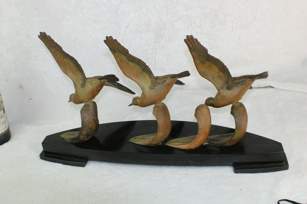 XL Gorgeous art deco 1930 bronze Zamac patina marble base 3 birds statue