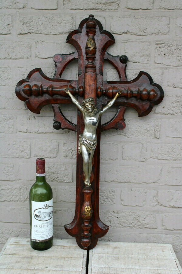 XL french antique wood carved neo gothic wall crucifix religious church