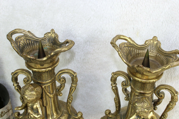 PAIR bronze Putti ram head Vases candle holders church religious