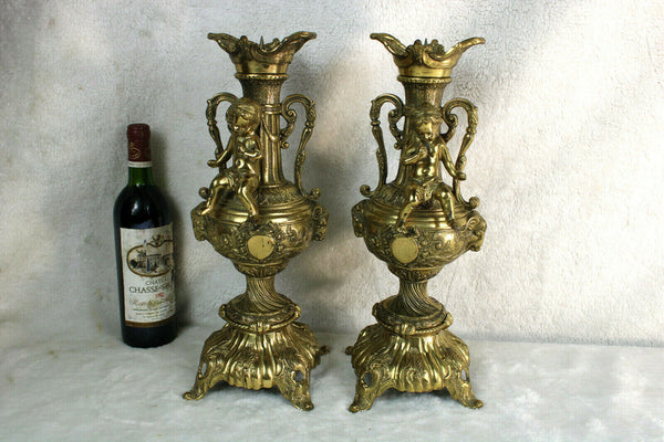 PAIR bronze Putti ram head Vases candle holders church religious