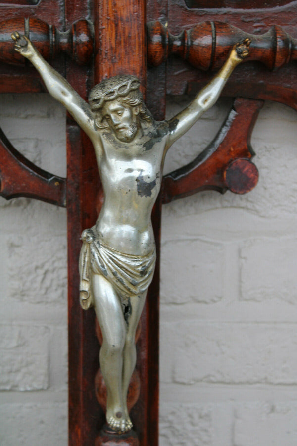 XL french antique wood carved neo gothic wall crucifix religious church