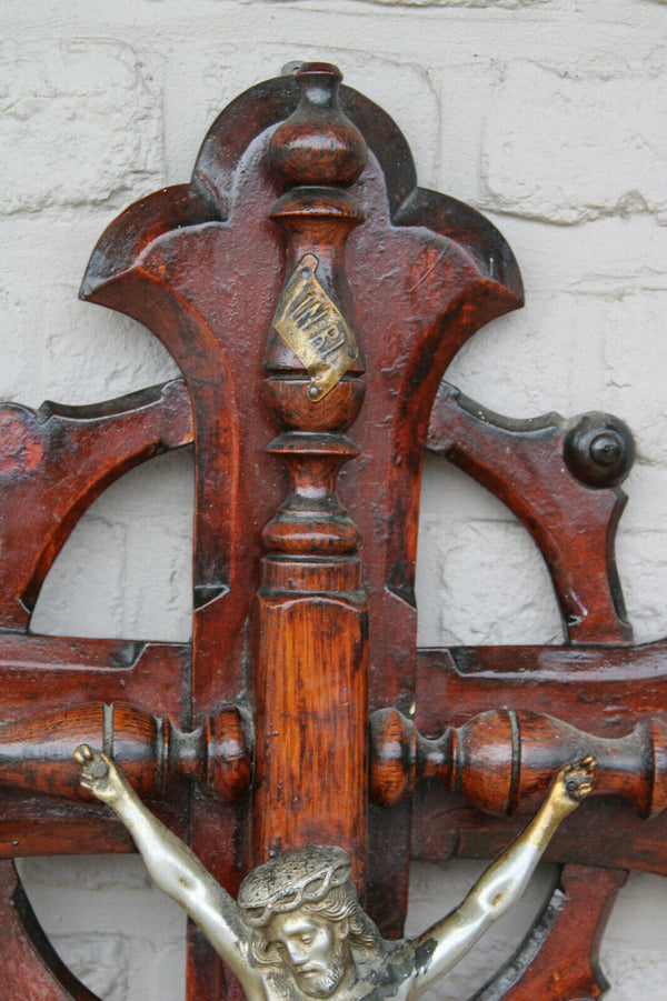 XL french antique wood carved neo gothic wall crucifix religious church