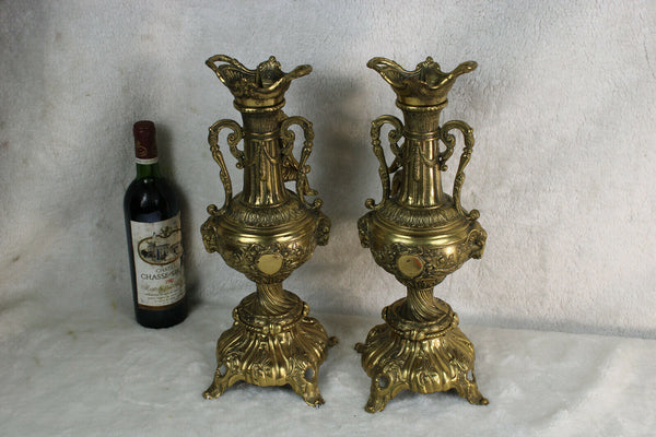 PAIR bronze Putti ram head Vases candle holders church religious