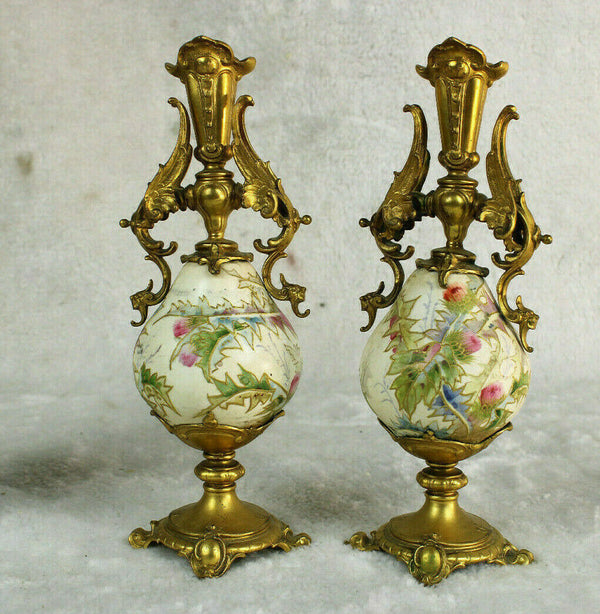Stunning antique PAIR french brass porcelain enamel dragon candle holder