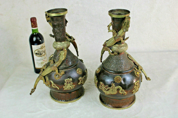 Antique PAIR chinese copper crawling dragon vases stones 1900s