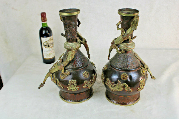 Antique PAIR chinese copper crawling dragon vases stones 1900s