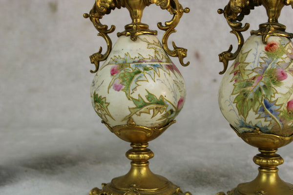 Stunning antique PAIR french brass porcelain enamel dragon candle holder