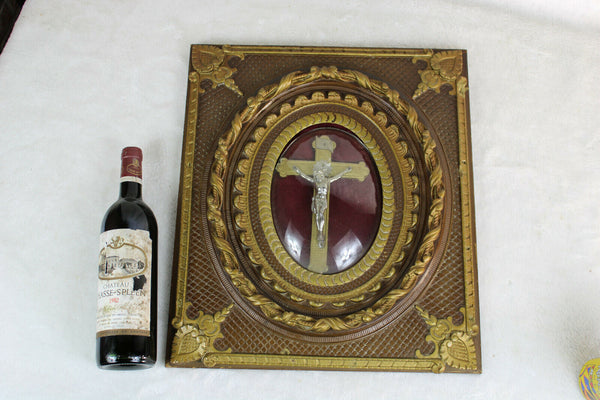 Antique 1900s Rare French crucifix cross framed glass religious
