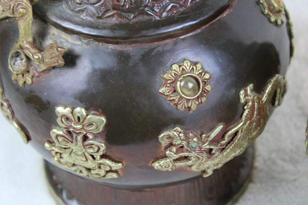 Antique PAIR chinese copper crawling dragon vases stones 1900s