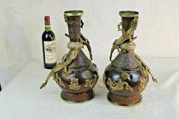 Antique PAIR chinese copper crawling dragon vases stones 1900s