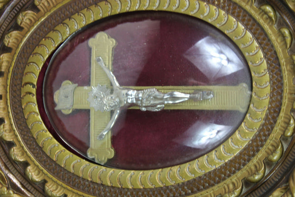 Antique 1900s Rare French crucifix cross framed glass religious