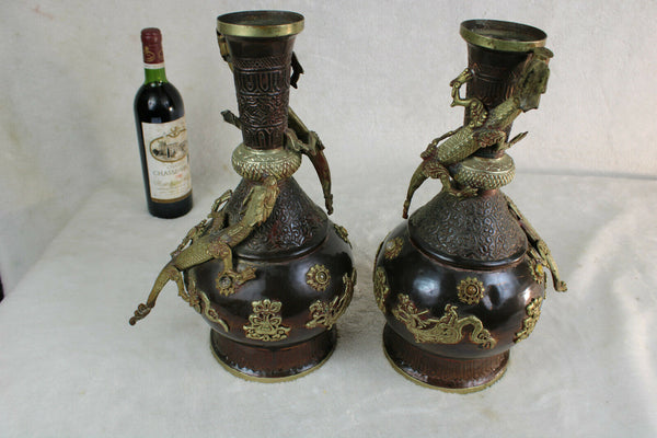 Antique PAIR chinese copper crawling dragon vases stones 1900s