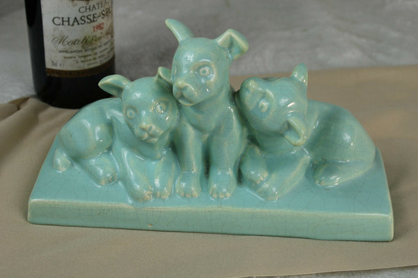 French art deco faience craquele 3 dogs statue turquoise sculpture