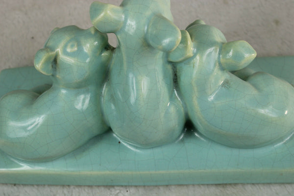 French art deco faience craquele 3 dogs statue turquoise sculpture