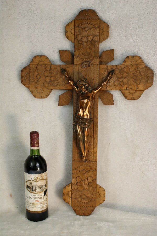 Huge French antique neo gothic wood carved altar church crucifix religious