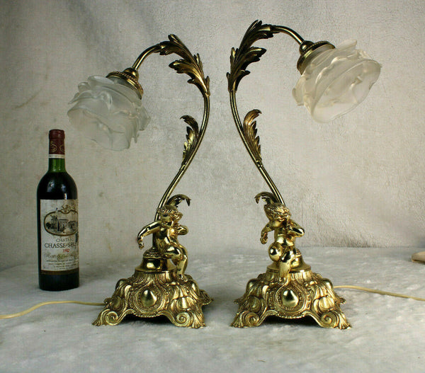 PAIR vintage 1970 French metal gold gilt putti cherub table lamps