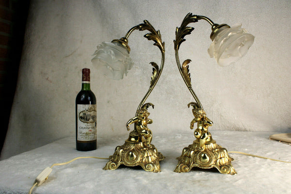 PAIR vintage 1970 French metal gold gilt putti cherub table lamps