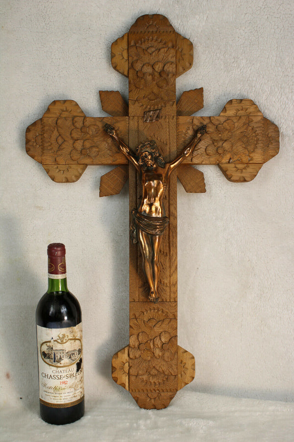 Huge French antique neo gothic wood carved altar church crucifix religious