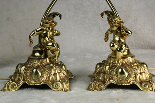 PAIR vintage 1970 French metal gold gilt putti cherub table lamps