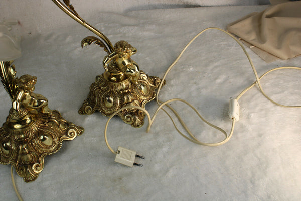 PAIR vintage 1970 French metal gold gilt putti cherub table lamps