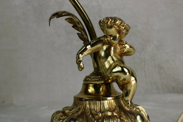 PAIR vintage 1970 French metal gold gilt putti cherub table lamps