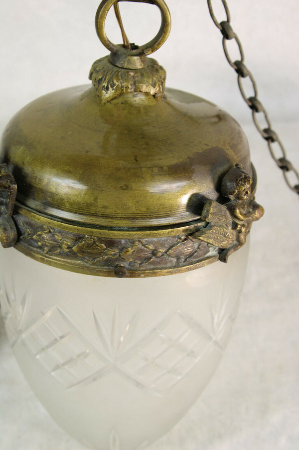 Antique French acorn crystal glass lantern hall lamp chandelier putti eagle