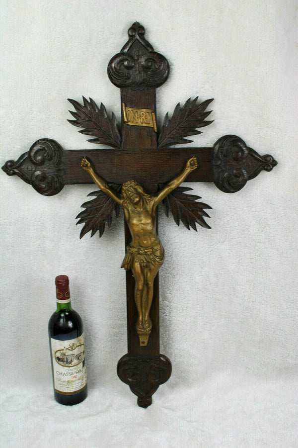 XL french antique wood carved neo gothic wall crucifix religious