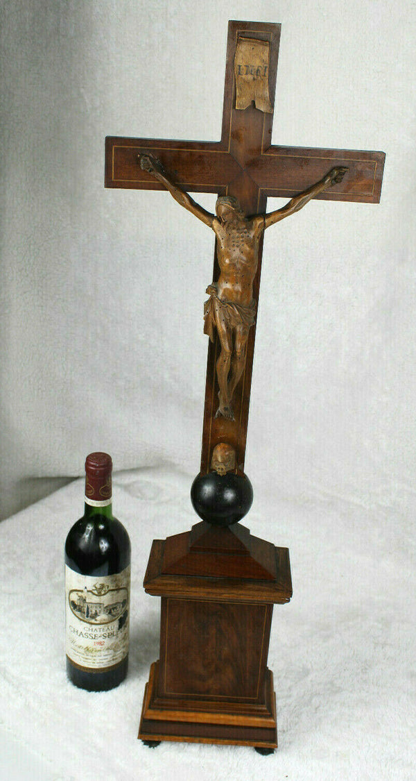 XL 28.3" antique french wood carved crucifix religious