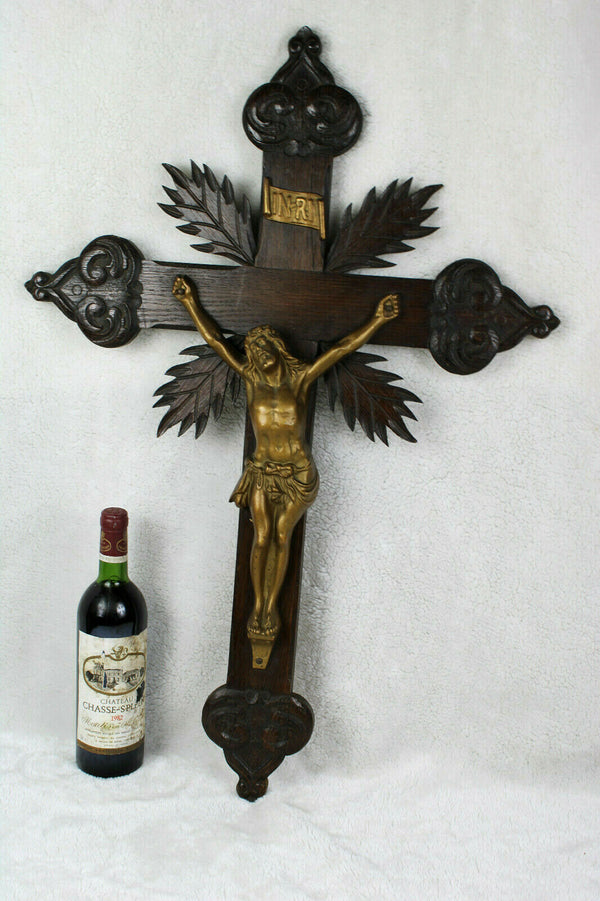 XL french antique wood carved neo gothic wall crucifix religious