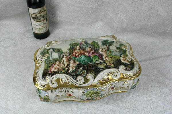 XL italian capodimonte porcelain marked putti cherubs figural Box floral 1960