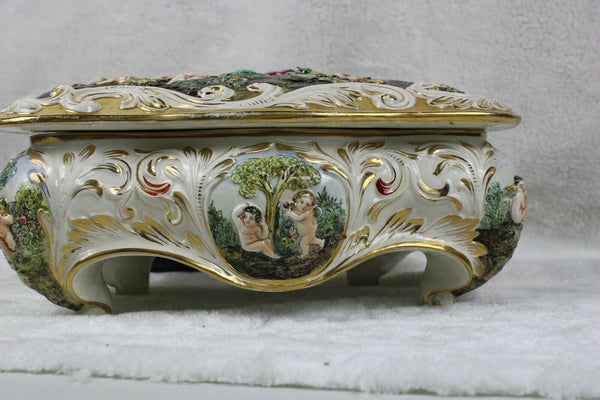 XL italian capodimonte porcelain marked putti cherubs figural Box floral 1960