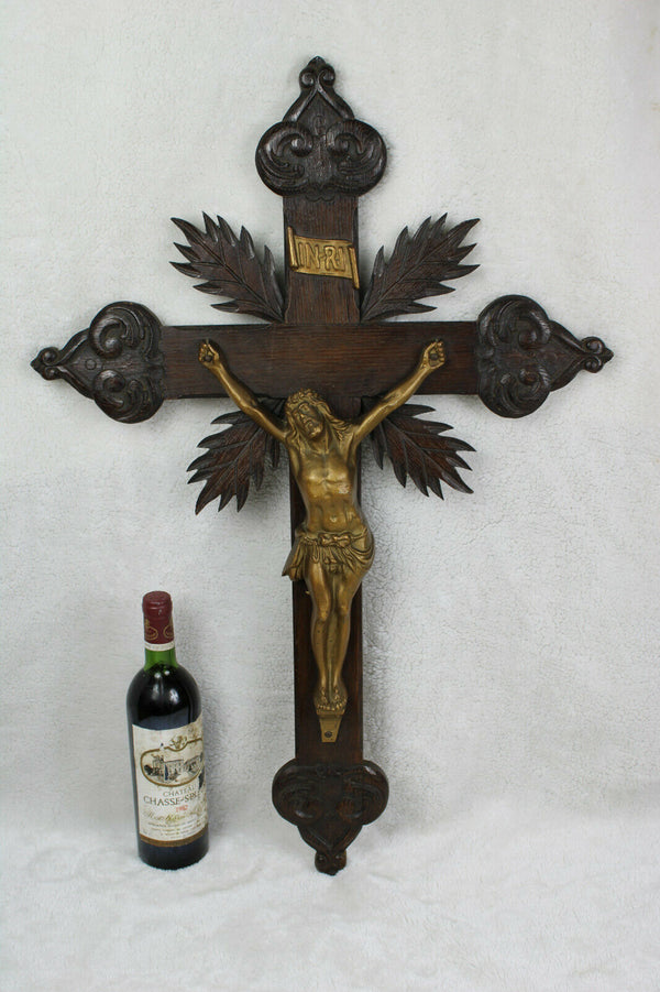 XL french antique wood carved neo gothic wall crucifix religious